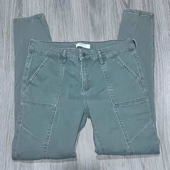 FOREVER 21 SKINNY OLIVE GREEN TWILL UTILITY PANTS WAIST 27 LENGTH 28” - Picture 9 of 11